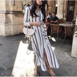 Zara Linen Midi Shirt Dress Button Down Belted Midi Dress